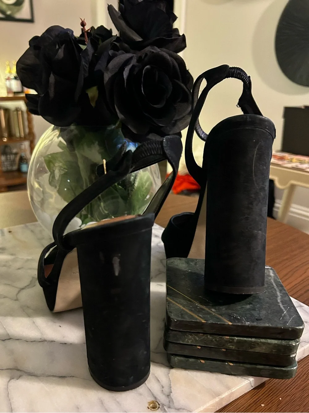 Steve Madden Black Suede Platform Ankle-Strap Block Heels